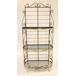 SET OF METAL CASCADE SHELVES with three metal slatted shaped shelves and scroll sides, 209.5cm high