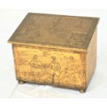 BRASS EMBOSSED COAL BIN decorated with Dutch scenes, standing on bun feet, 46cm wide