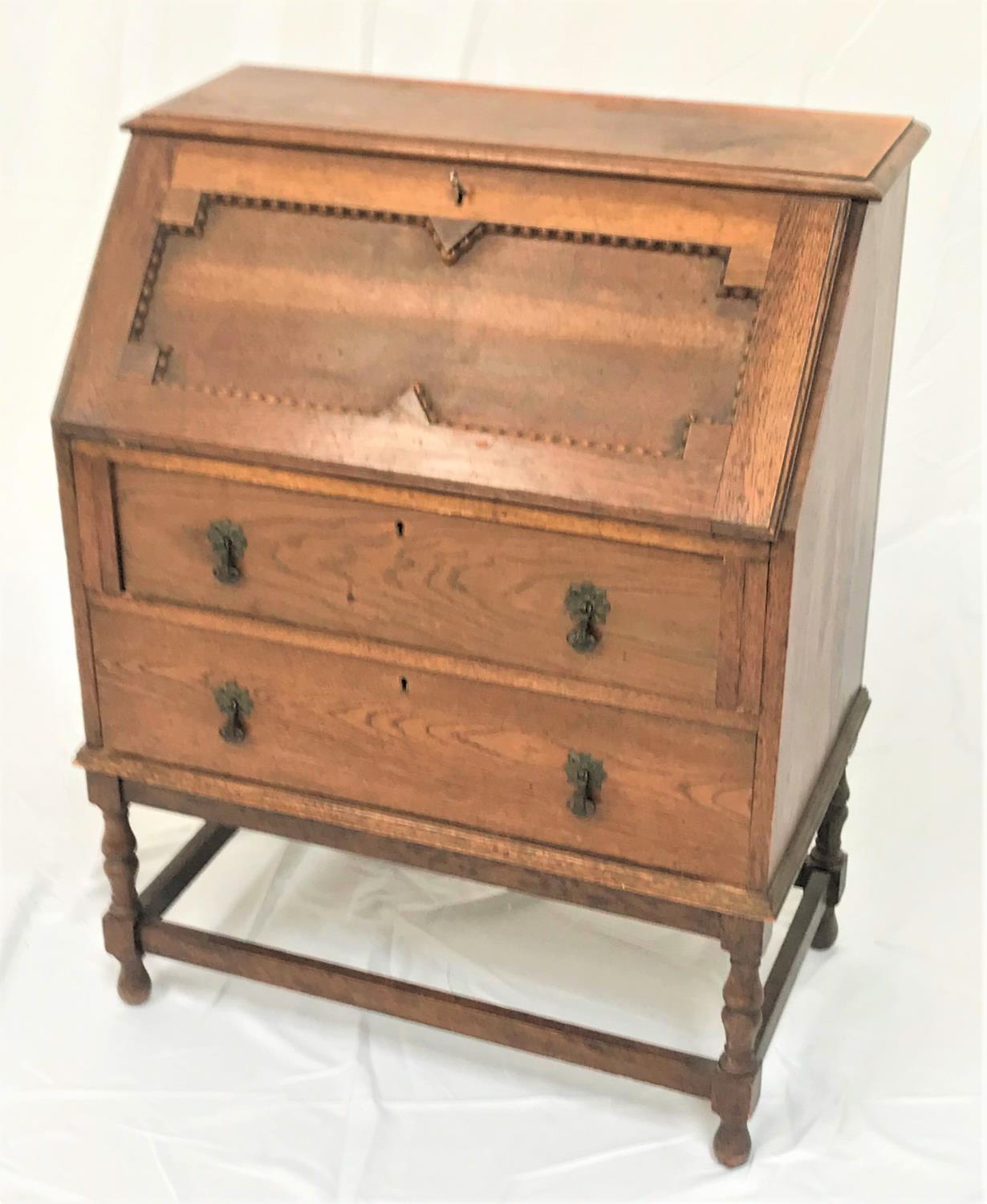 OAK BUREAU with a moulded top above a panelled fall flap opening to reveal a fitted interior above - Image 2 of 2