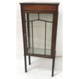 EDWARDIAN MAHOGANY AND INLAID DISPLAY CABINET with a moulded top above a pair of glazed panel