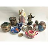 SELECTION OF EAST ASIAN CERAMICS including two Japanese jars with covers, both decorated with Geisha