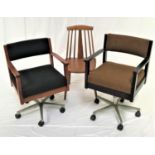 RETRO TEAK OFFICE ARMCHAIR with a shaped padded back and seat, standing on an aluminium column