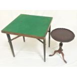 BAIZE TOP GAMES TABLE on folding supports, 69.5cm x 69.5cm, together with a tripod wine table,