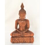 LARGE CARVED TEAK BUDDHA seated crossed legged with his palms facing upwards on a lotus leaf style