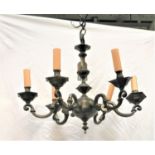 HEAVY METAL CHANDELIER with a shaped central column and hanging chain, with six shaped arms, 76cm