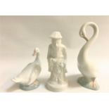 NAO PORCELAIN GOOSE FIGURINE standing upright, 20cm high, another Nao goose figurine, 12.5cm high;