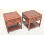 PAIR OF CHINESE ROSEWOOD SIDE TABLES each with a square top above a panelled moulded frieze with a