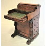VICTORIAN BURR WALNUT PIANO TOP DAVENPORT with a moulded galleried pop up top section opening to