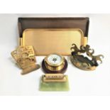 INTERESTING SELECTION OF COLLECTABLES comprising an Art Nouveau brass desk stand/letter rack, with