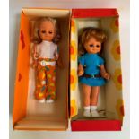 TWO VINTAGE SPIELZEUG RAUENSTEIN PLASTIC 1960s DOLLS both in 1960s clothing and in original boxes