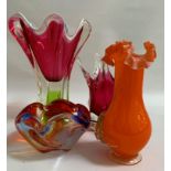 SELECTION OF DECORATIVE GLASSWARE including coloured abstract vases and ashtrays of irregular shape,