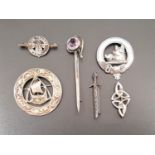 GOOD SELECTION OF SILVER BROOCHES AND KILT PIN comprising an amethyst set kilt pin; a George V