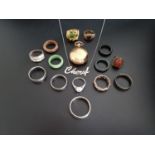 SELECTION OF SILVER AND OTHER RINGS AND JEWELLERY including a Swarovski crystal ring, a silver '