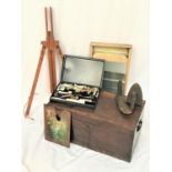 SELECTION OF VINTAGE ITEMS including an artist's easel, palette and paints; a glass wash board, a