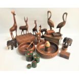 SELECTION OF WOODEN BOXES AND OTHER ITEMS including various carved teak animals, three small brass