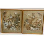 PAIR OF BALINESE NEEDLEWORK PICTURES depicting warriors with bows and arrows in chariots, 52.5cm x