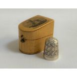 MAUCHLINE WARE THIMBLE HOLDER depicting The Tower of Refuge, Isle of Man, containing silver plated