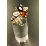 CITRINE, SAPPHIRE AND DIAMOND BEE DESIGN RING the body formed by an oval cut sapphire and the head