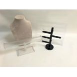 SELECTION OF JEWELLERY STANDS comprising ten suede effect necklace stands, two perspex earring
