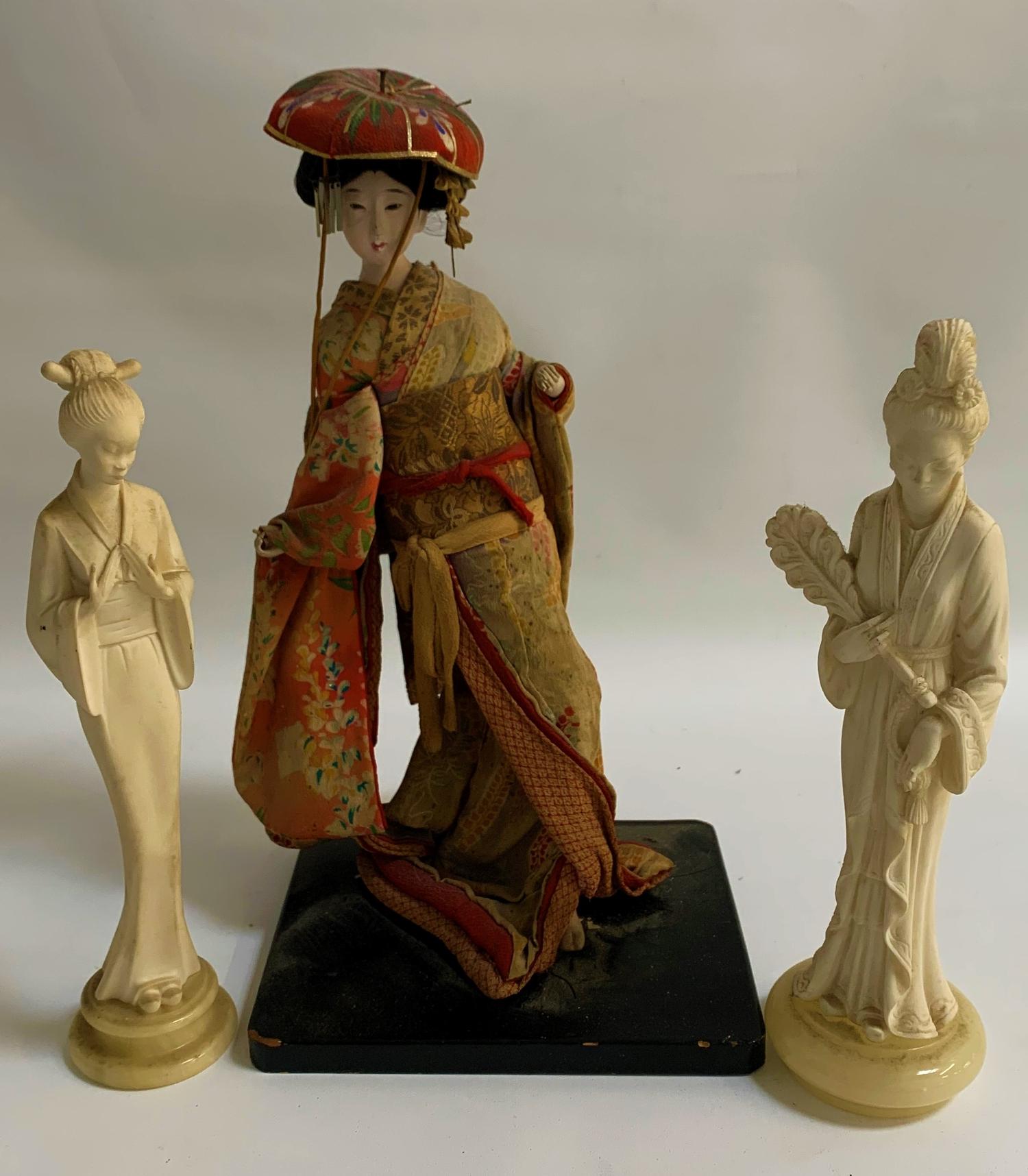 VINTAGE MODEL OF A GEISHA with porcelain head, hands and foot, raised on wooden stand, 32.8cm