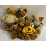 SELECTION OF FIVE TEDDY BEARS comprising a Just for You Cute n Soft bear, 26cm high; Avon hat box