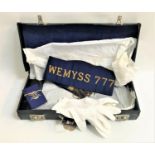 SELECTION OF SCOTTISH MASONIC REGALIA contained in a black leather case including a blue sash with