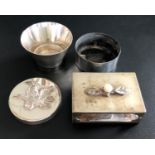 SMALL SELECTION OF SILVER comprising a pearl set matchbox cover, a circular embossed lid decorated