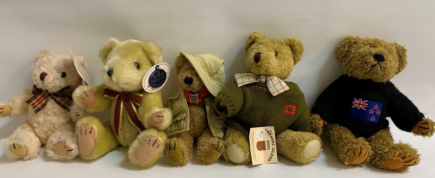 SELECTION OF FIVE TEDDY BEARS comprising one with a knitted black jumper, 28cm high; A D.S.N.