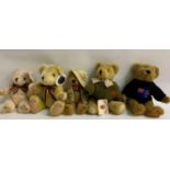 SELECTION OF FIVE TEDDY BEARS comprising one with a knitted black jumper, 28cm high; A D.S.N.