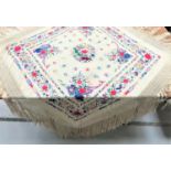 FLORAL EMBROIDERED SILK TABLE CLOTH the colourful flowers on a cream ground, with tasseled edges,