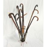 1950s UMBRELLA SHAPED STICK STAND AND STICKS including a selection of briar wood, hazel and bamboo