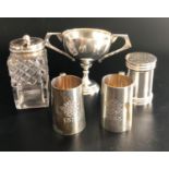 SMALL SELECTION OF SILVER ITEMS comprising two miniature tankards with engraved monogram above 1888,