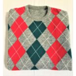 CLASSIC PRINGLE OF SCOTLAND WOOLEN JUMPER with green, red and grey Argyle pattern, no labels but