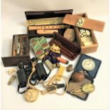 MIXED LOT OF COLLECTABLES including a boxed set of dominoes, leather cased travelling clock,