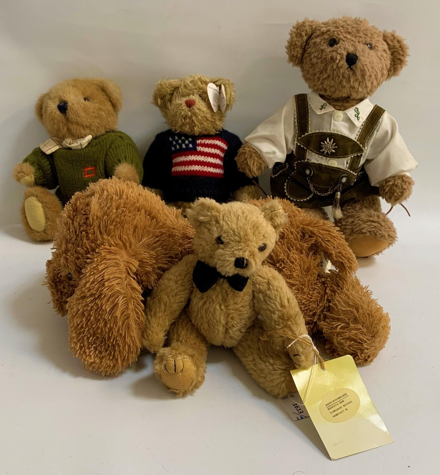 SELECTION OF FIVE TEDDY BEARS comprising a 1990 Stockholm the old English teddy bear, 21cm high; a