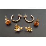 THREE PAIRS OF NINE CARAT GOLD EARRINGS comprising a pair of citrine stud earrings, a pair of hoop