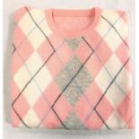 CLASSIC PRINGLE OF SCOTLAND WOOLEN JUMPER with pink, white and grey Argyle pattern, no labels but