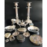MIXED LOT OF SILVER PLATE including a pair of candlesticks raised on square bases, a mustard pot