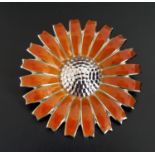 GEORG JENSEN DANISH SILVER FLOWER HEAD BROOCH/PENDANT the petals with orange guilloche enamel