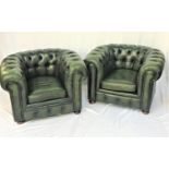 PAIR OF CHESTERFIELD TUB ARMCHAIRS in green leather with button backs and arms, with decorative stud