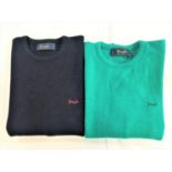 TWO PRINGLE OF SCOTLAND CREW NECK LAMBSWOOL JUMPERS one in teal with Pringle embroidered in blue