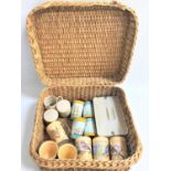 WICKER PICNIC HAMPER with lift up lid and carrying handle, the interior with six bird themed mugs,