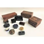 SELECTION OF ASSORTED BOXES including two carved teak examples, antique mahogany box with an inset
