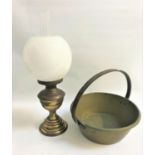 BRASS JELLY PAN AND AN OIL LAMP the lamp with glass globe and funnel (2)