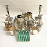 MIXED LOT OF METALWARE including a set of silver plated goblets by Falstaff, oval tray with a