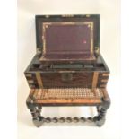 BRASS BOUND WALNUT WRITING SLOPE opening to reveal gilt tooled leather skiver and fitted pen and