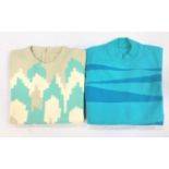 LADIES CASHMERE SHORT SLEEVED TOP with turquoise, cream and fawn geometric design and with four