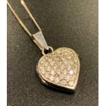 CZ SET NINE CARAT WHITE GOLD HEART LOCKET PENDANT on nine carat white gold chain, total weight