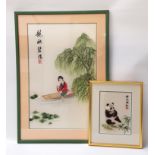 CHINESE SILK EMBROIDERED PICTURE depicting a lady in traditional dress rowing by a willow tree, 50cm