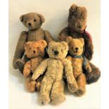 FIVE VINTAGE TEDDY BEARS of various size, all with swivel heads and jointed limbs, one Hygienic Toys
